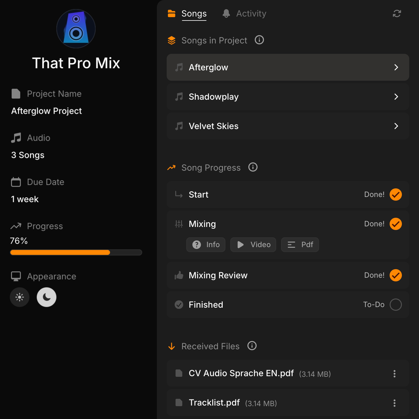Shared project pages screenshot